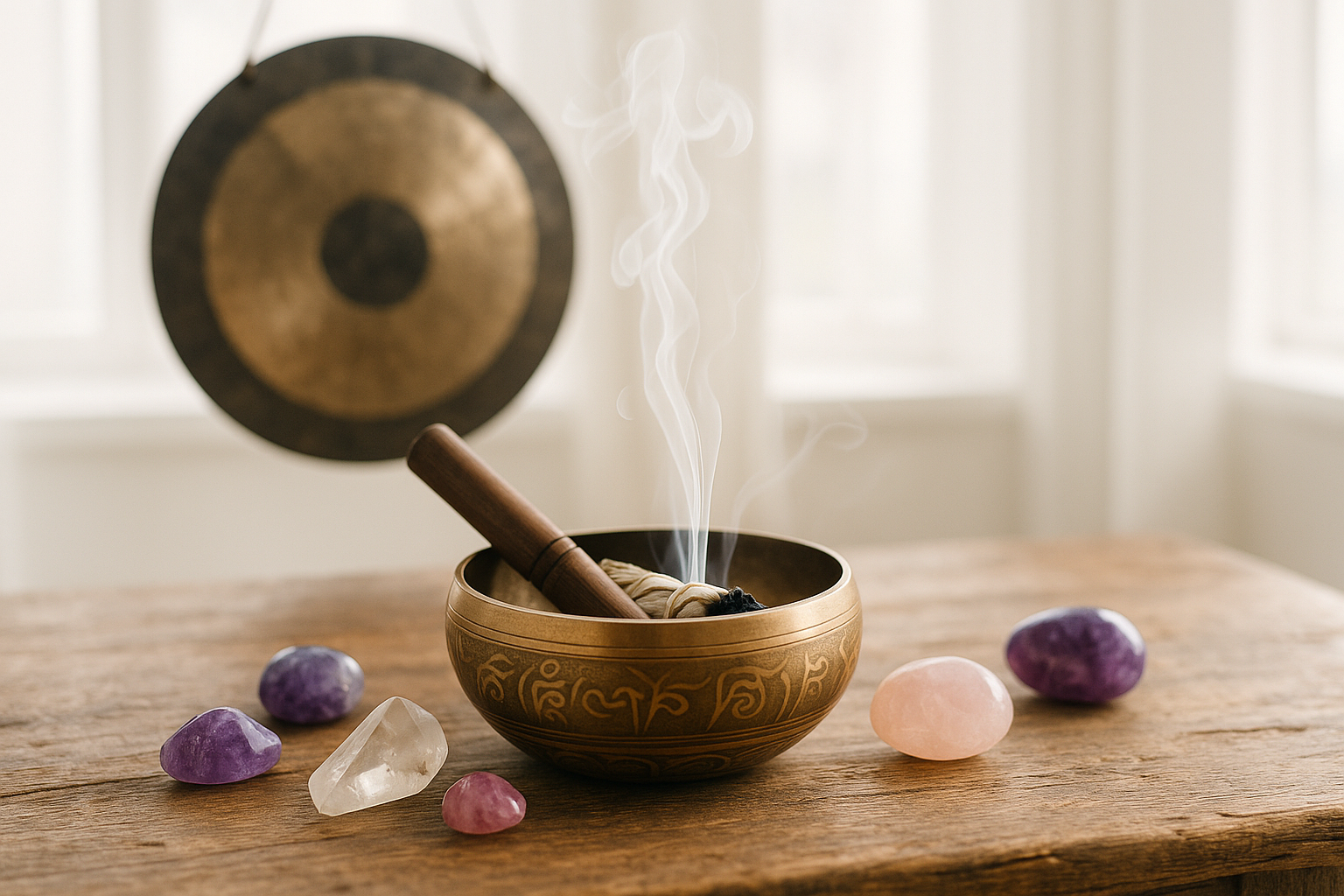 vidéo d'un bol tibétain dans lequel de la sauge brule avec une fumée blanche et un gong et des pierres précieuses posées sur une table en bois avec dans un fond très clair de lumière naturelle